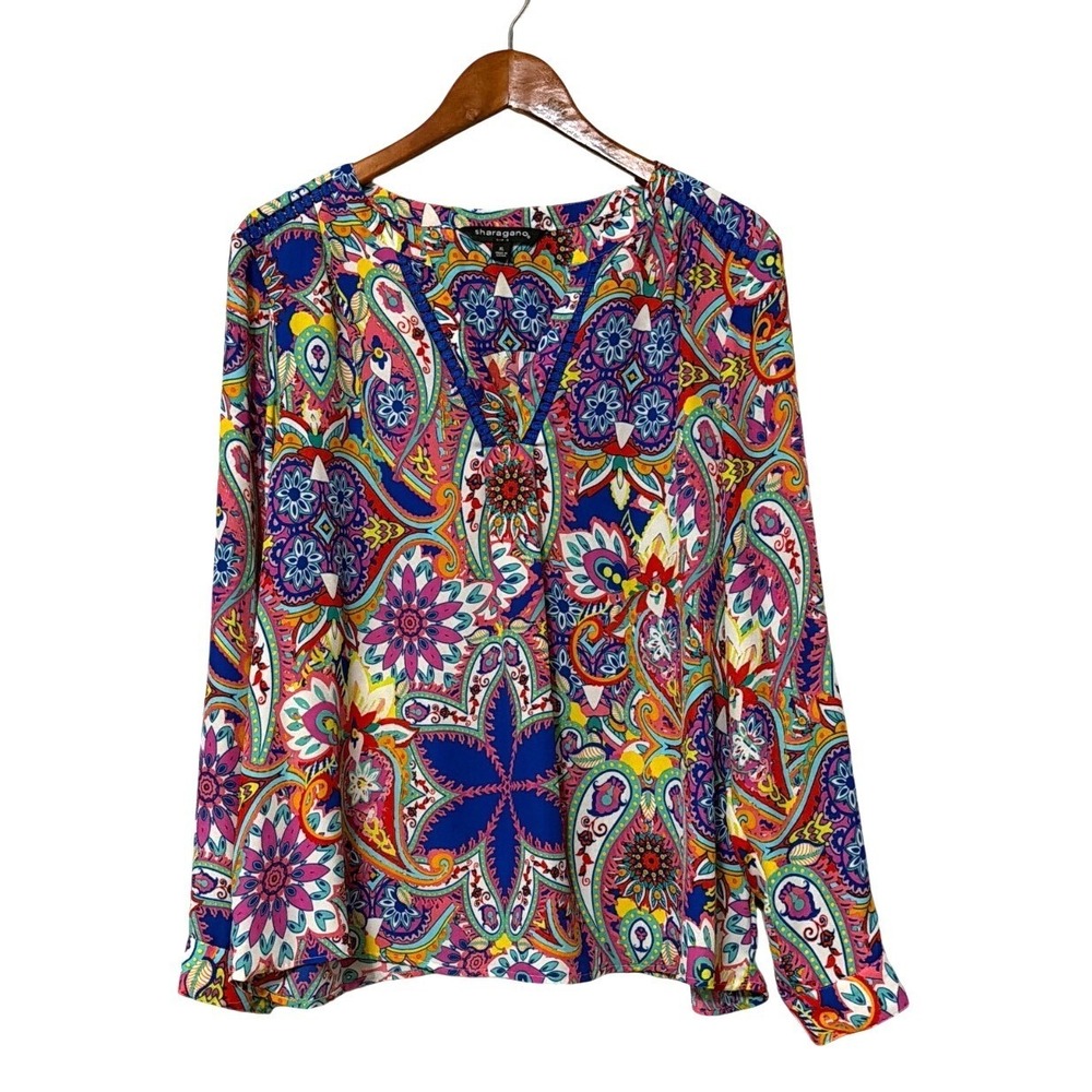Sharagano Womens Paisley Floral Blouse XL Multicolor Long Sleeve Lightweight Top